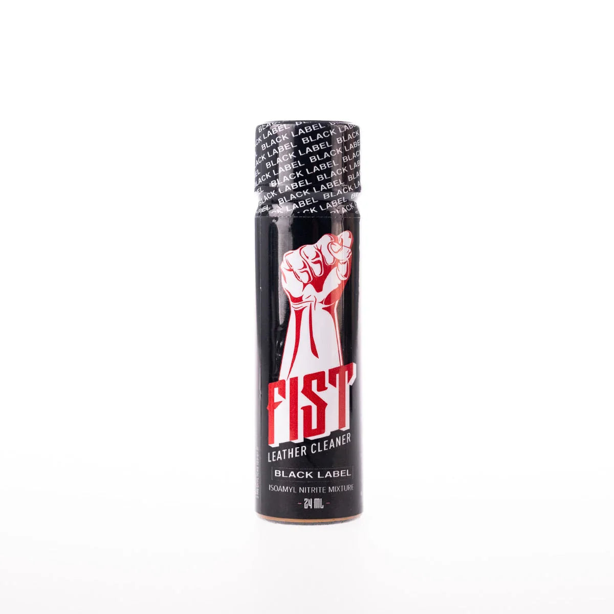 A front facing photo of a black bottle of Fist Amyl poppers.