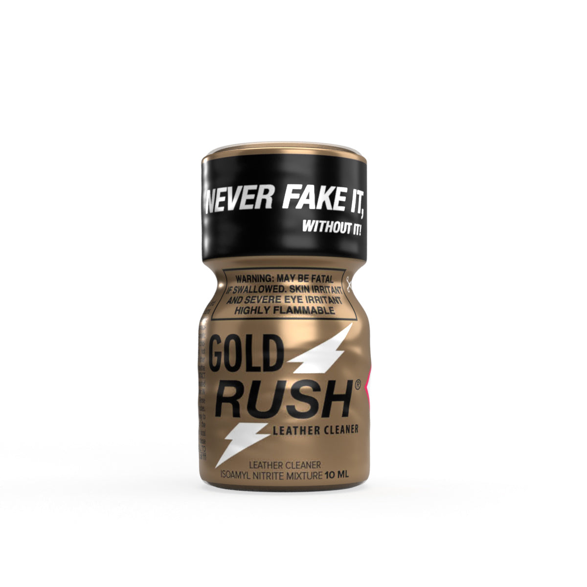 A bottle of Amyl Nitrite Gold Rush Poppers in a 10ml bottle.