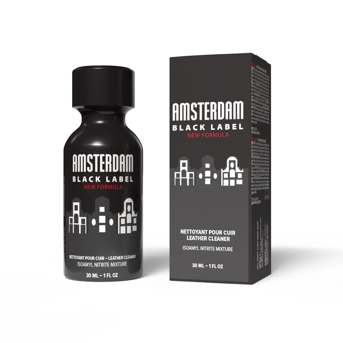 A product photo of a 30ml bottle of Amsterdam Black Poppers.