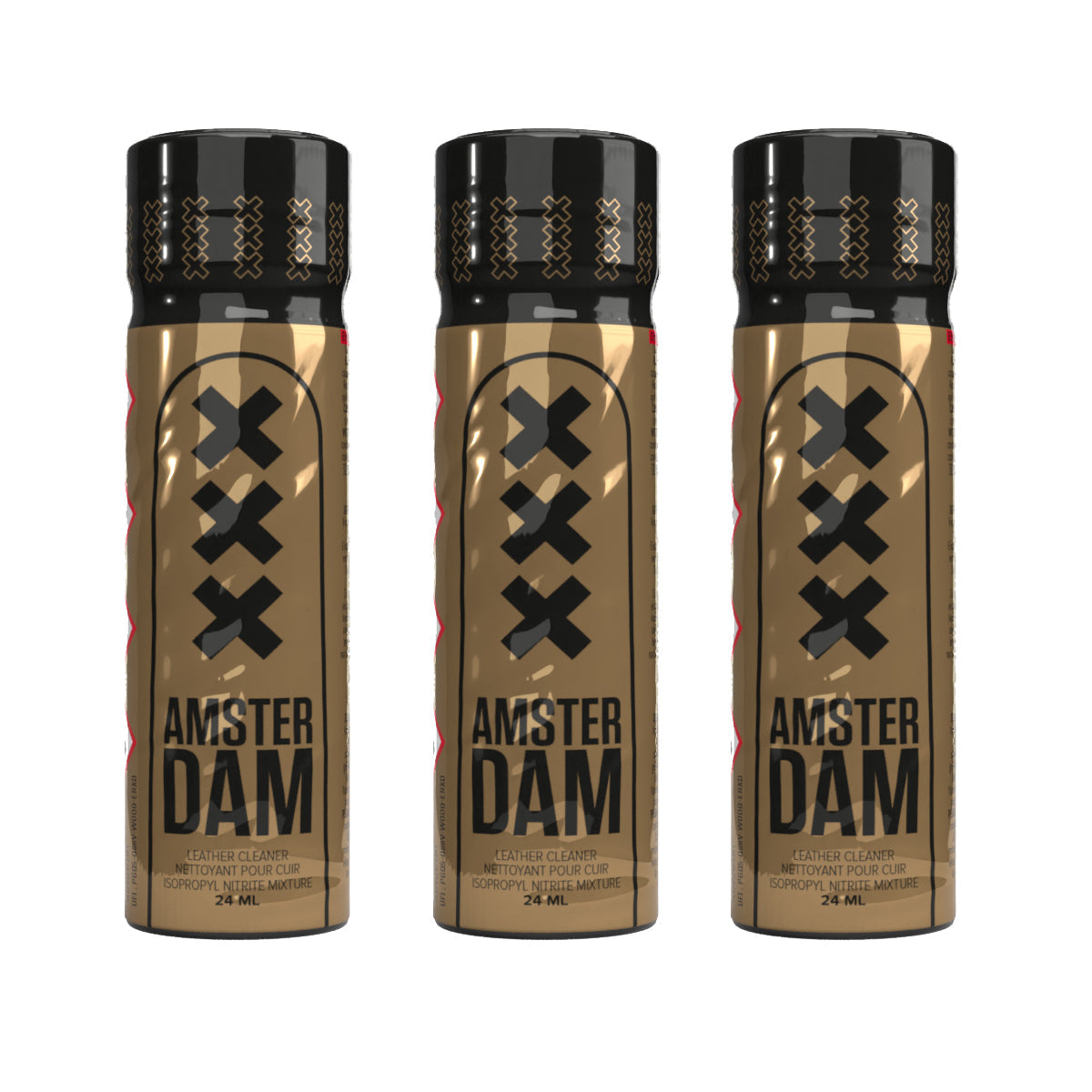 A product photo of three bottles of Amsterdam Propyl Slim Poppers.