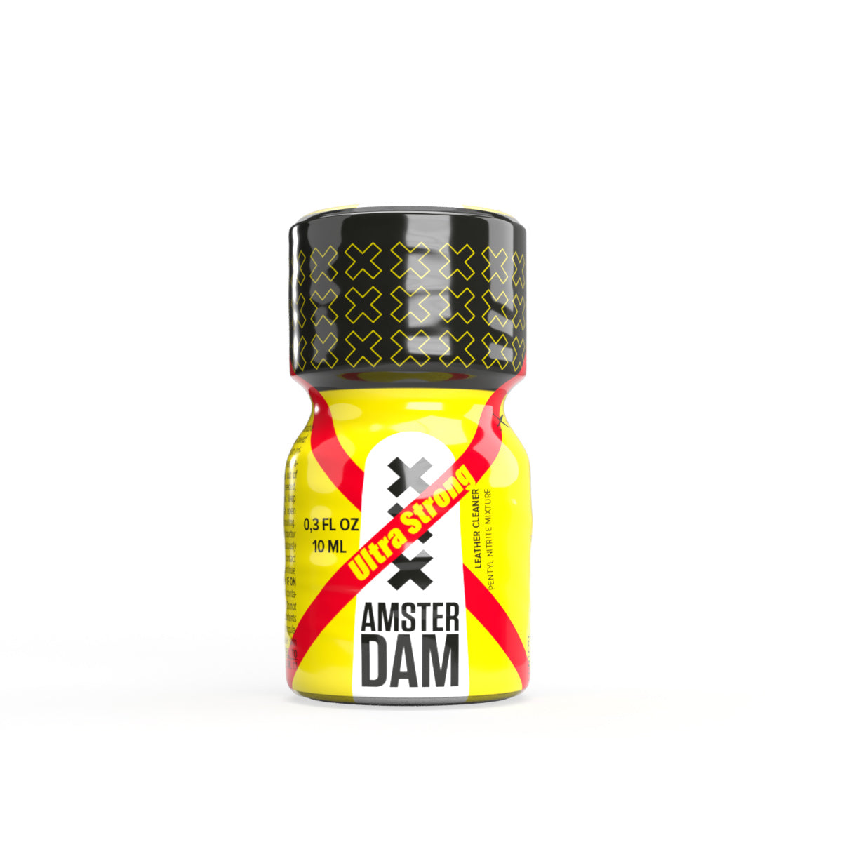A product photo of a bottle of Amsterdam XXX Ultra Strong Poppers.