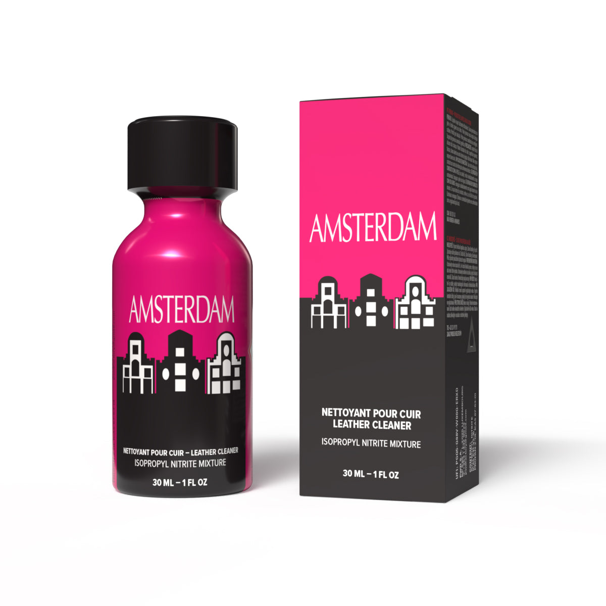 A product photo of three 30ml bottles of Amsterdam Poppers.