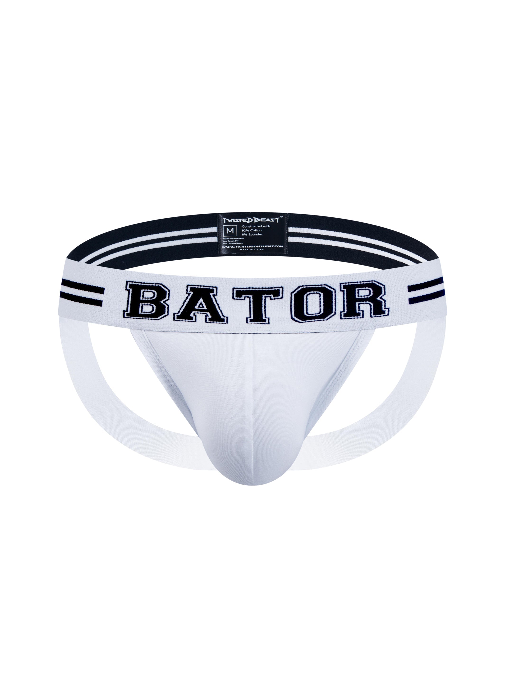 The front of a white Bator Jock.