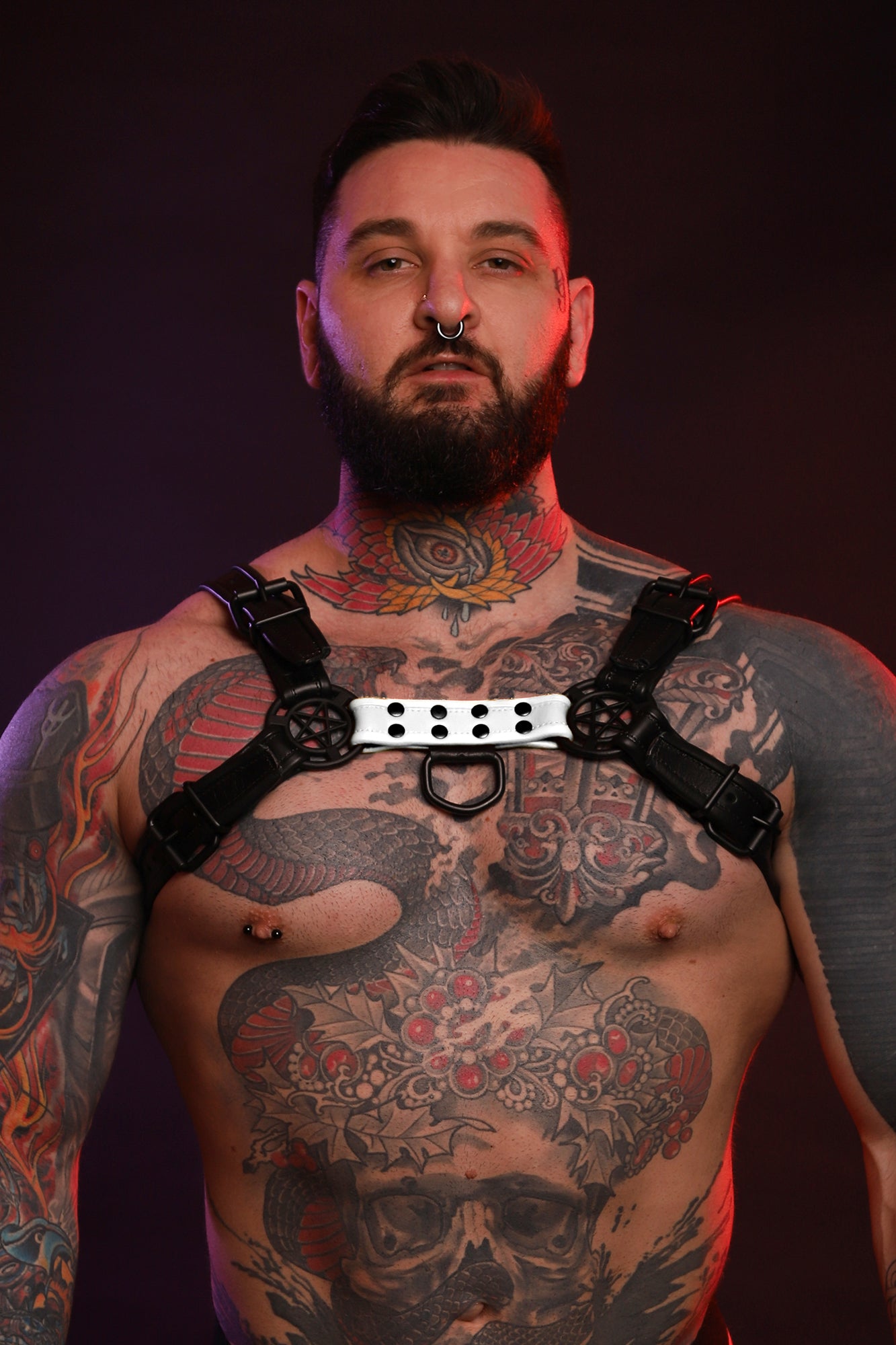Front photo of a white beast harness.