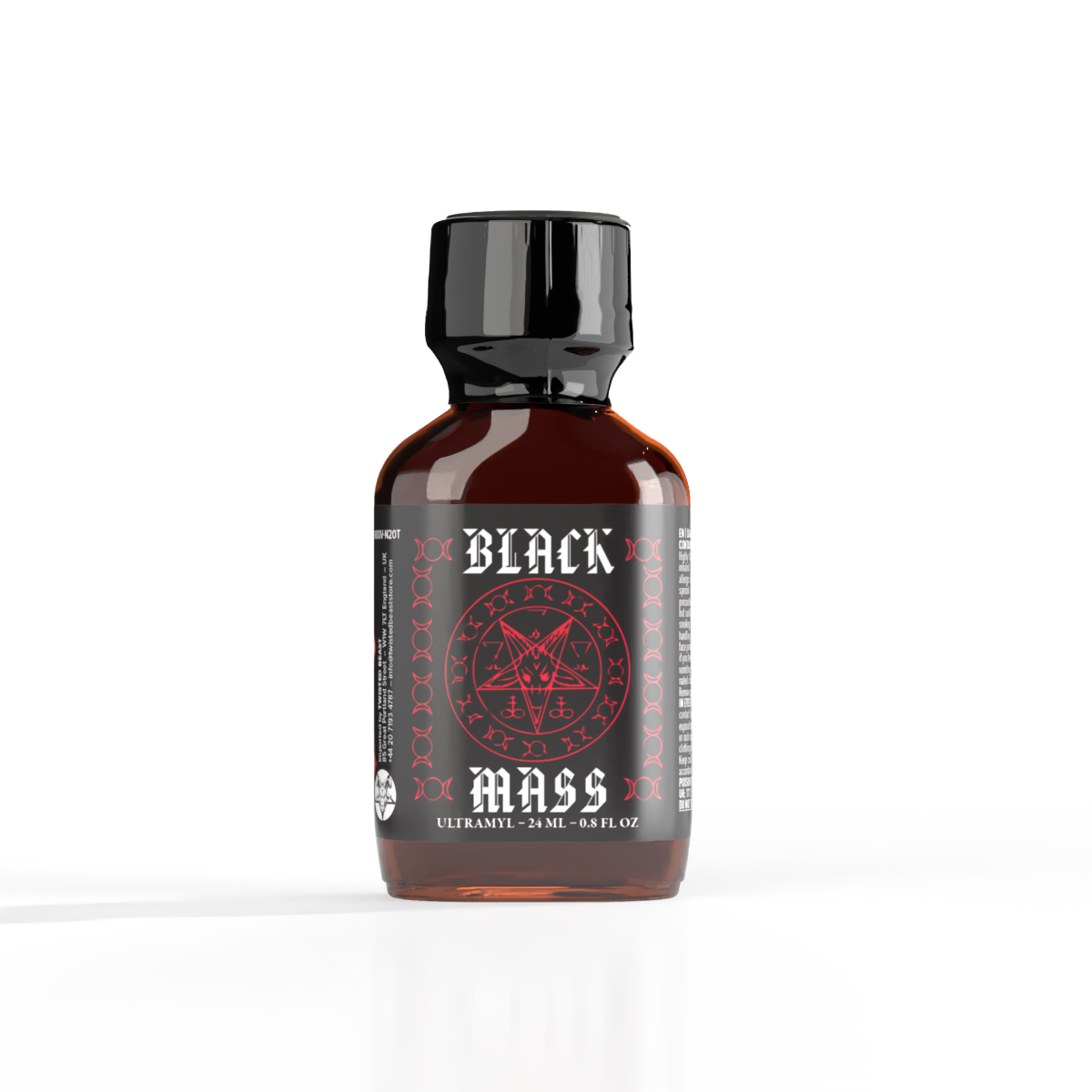 A product photo of Black Mass Poppers in a 24ml bottle.