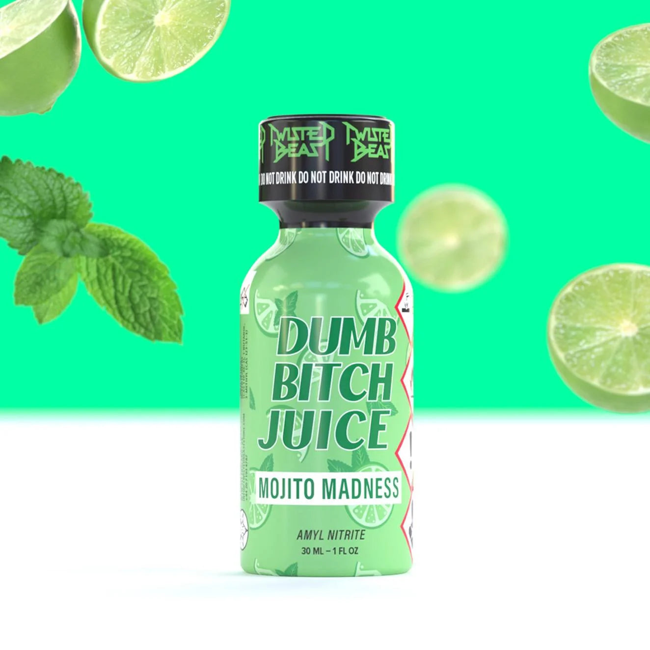A product photo of a 30ml bottle of Dumb Bitch Juice Mojito Madness poppers.