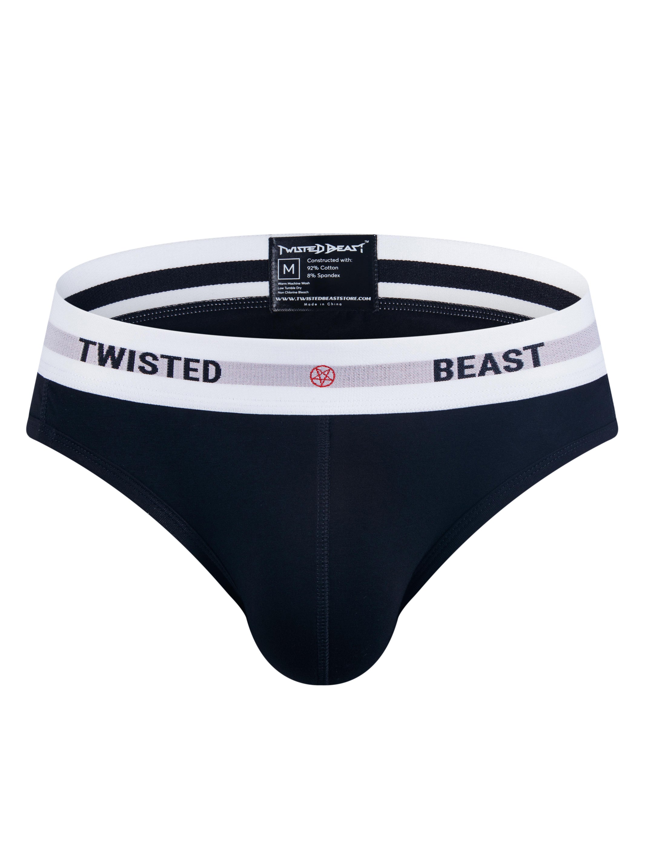 A front shot showing the words Twisted Beast and a pentagram on a pair of black Insignia Brief's.