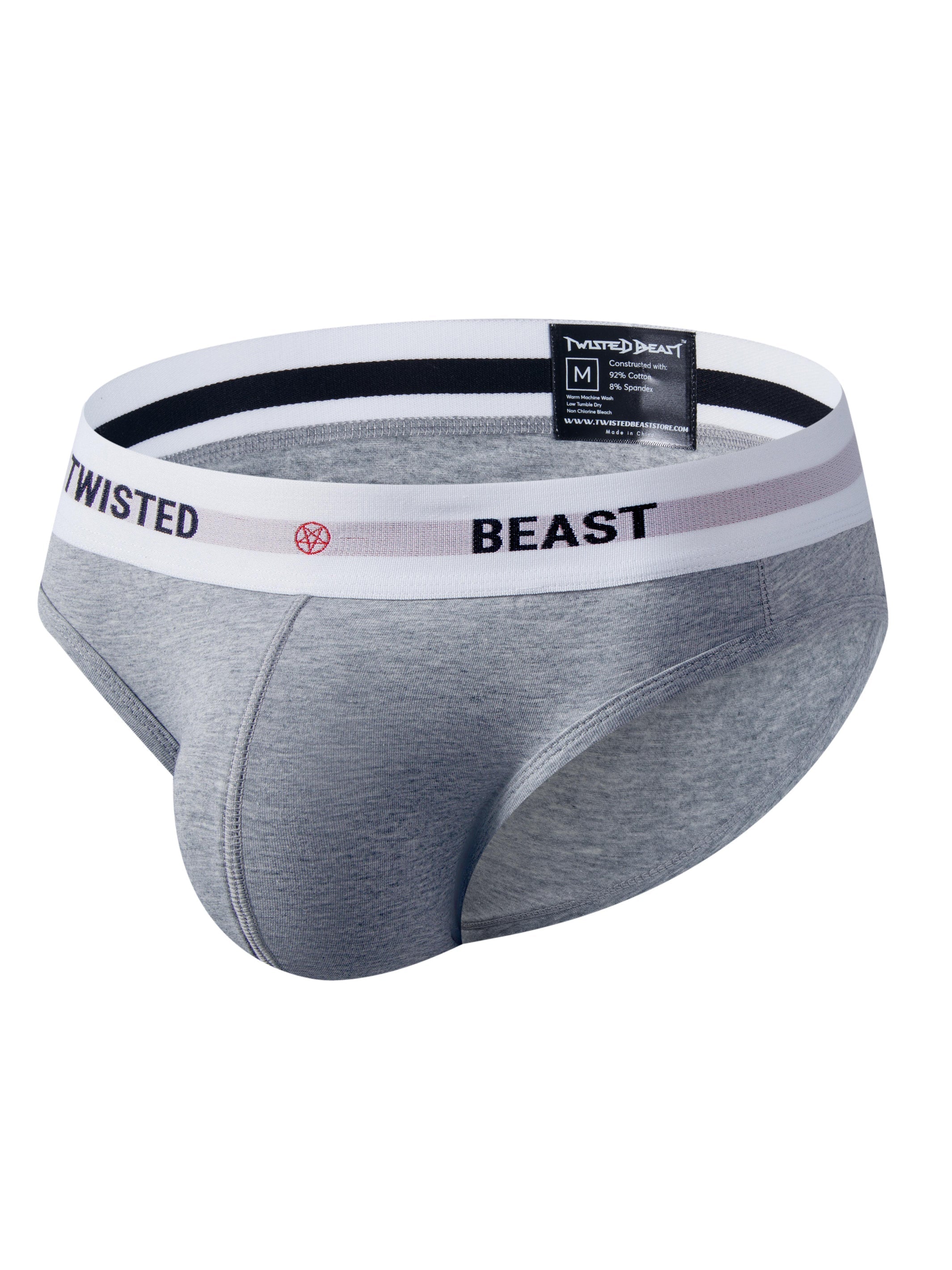 A pair of Insignia Brief's in Grey from Twisted Beast from the side.