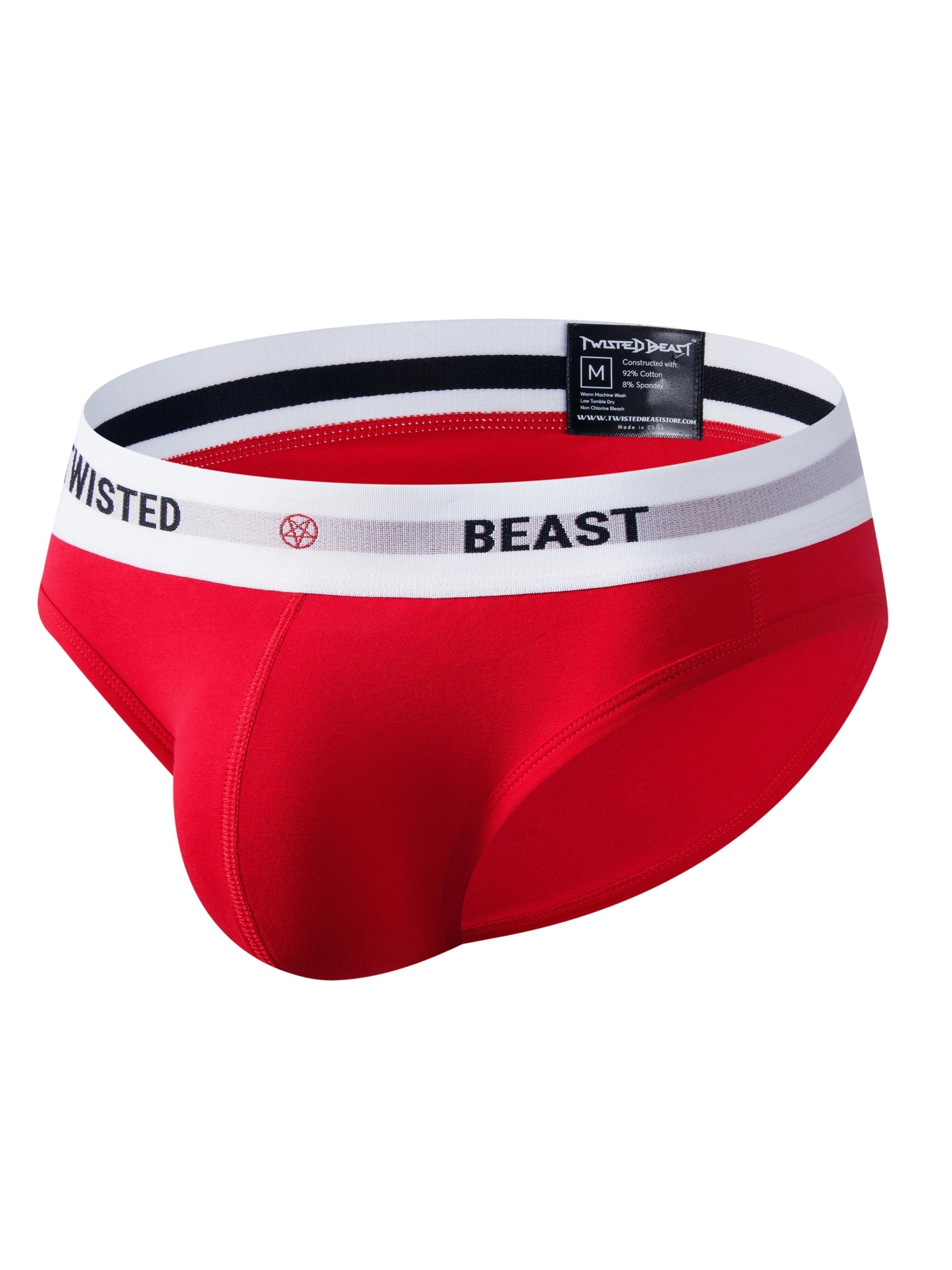 A side photo of a pair of red Insignia Briefs.