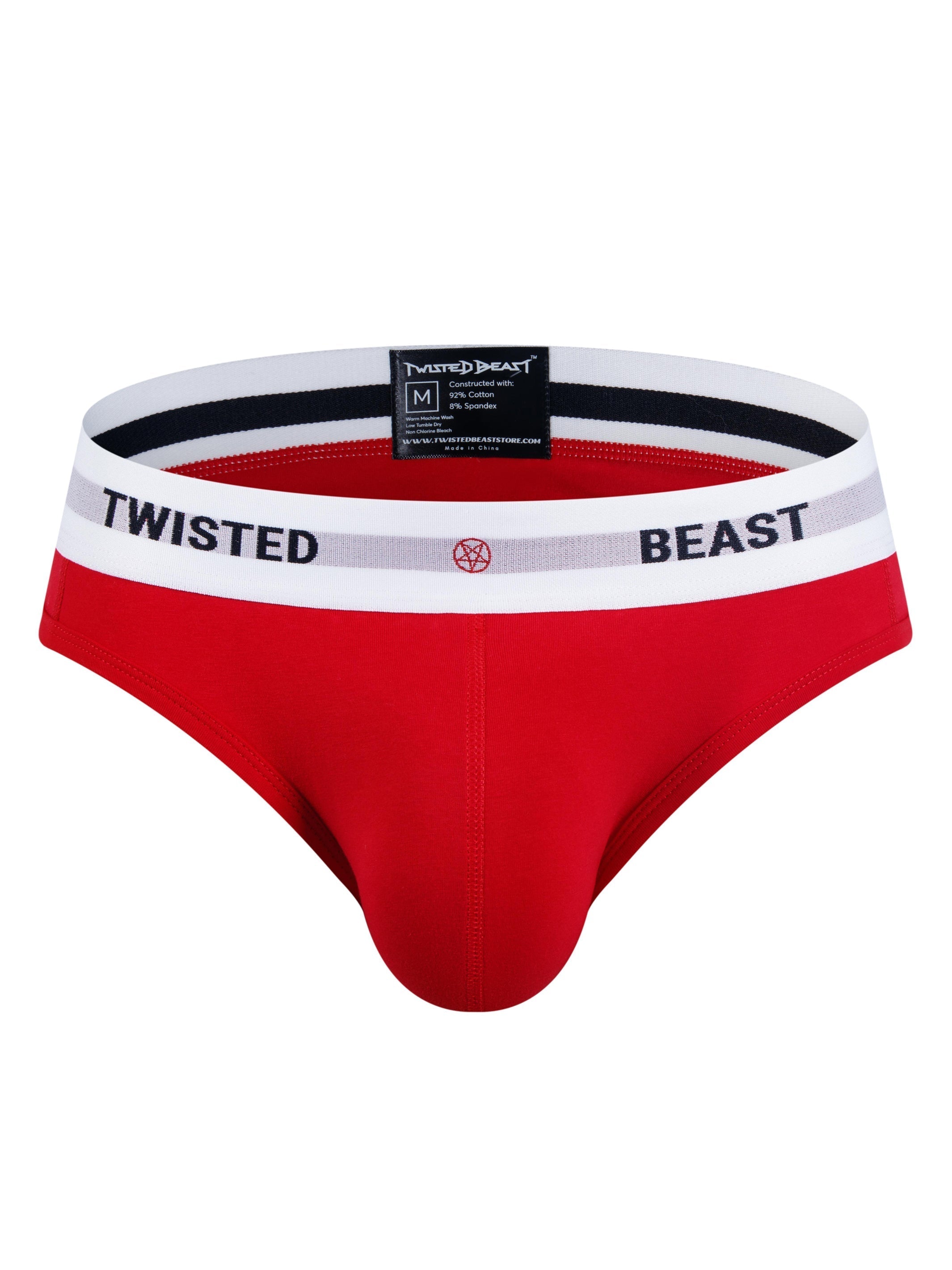 The front of a pair of red Insignia Briefs.