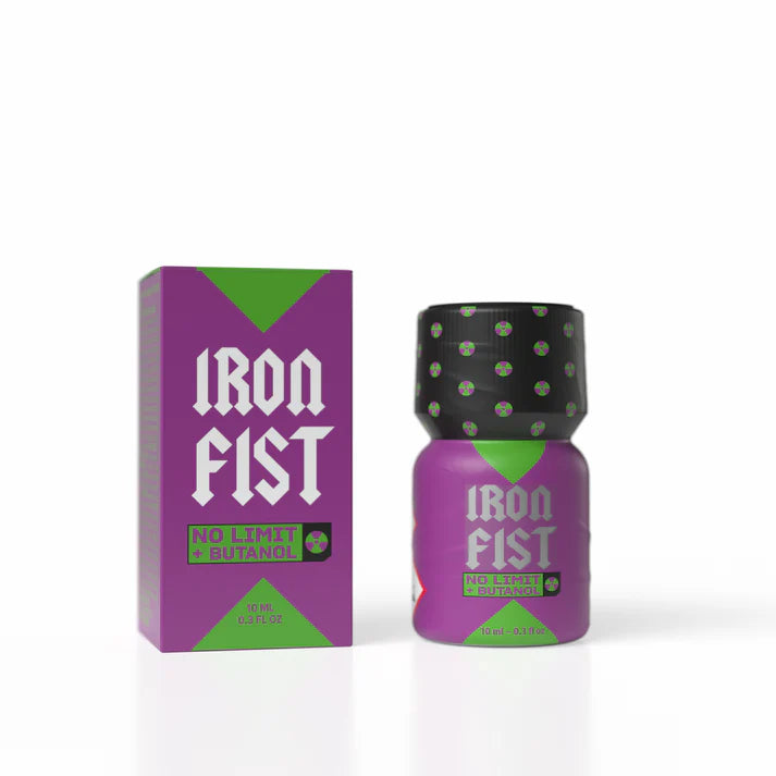 Purple 'Iron Fist Butanol' poppers bottle and packaging on a white background