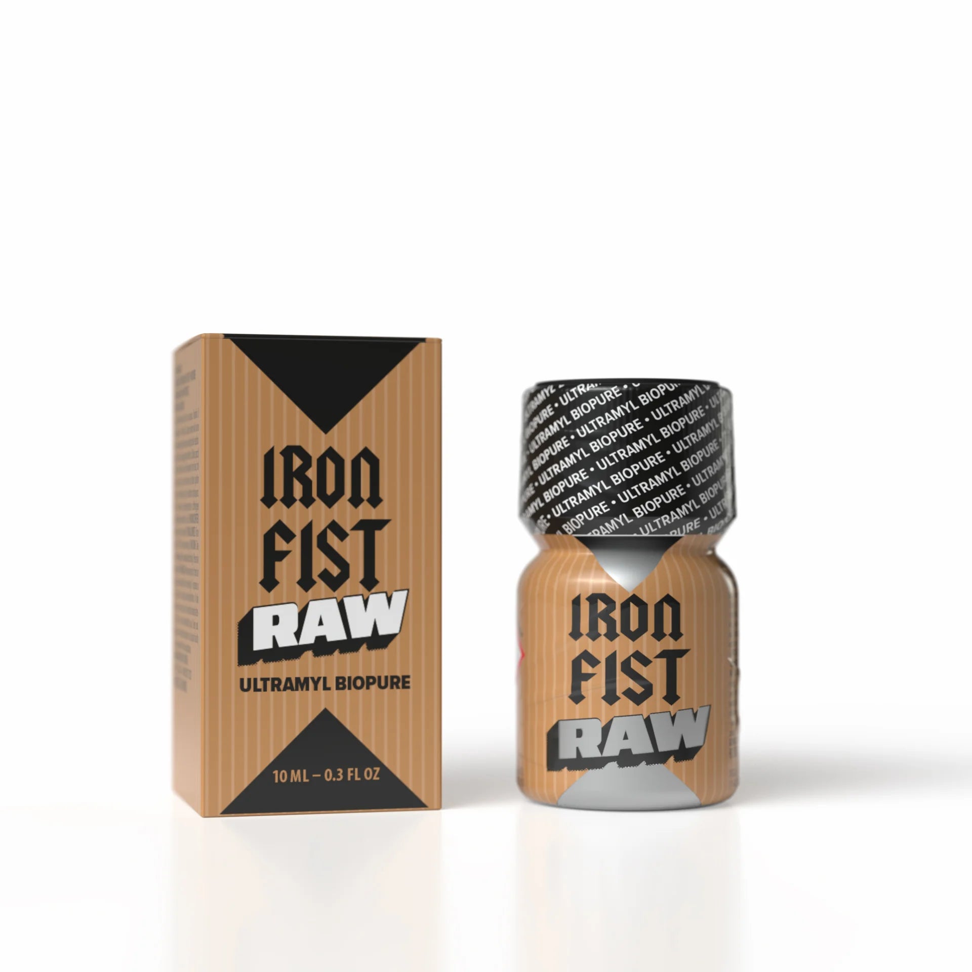 A product photo of a 10ml bottle of Iron Fist Raw Poppers.