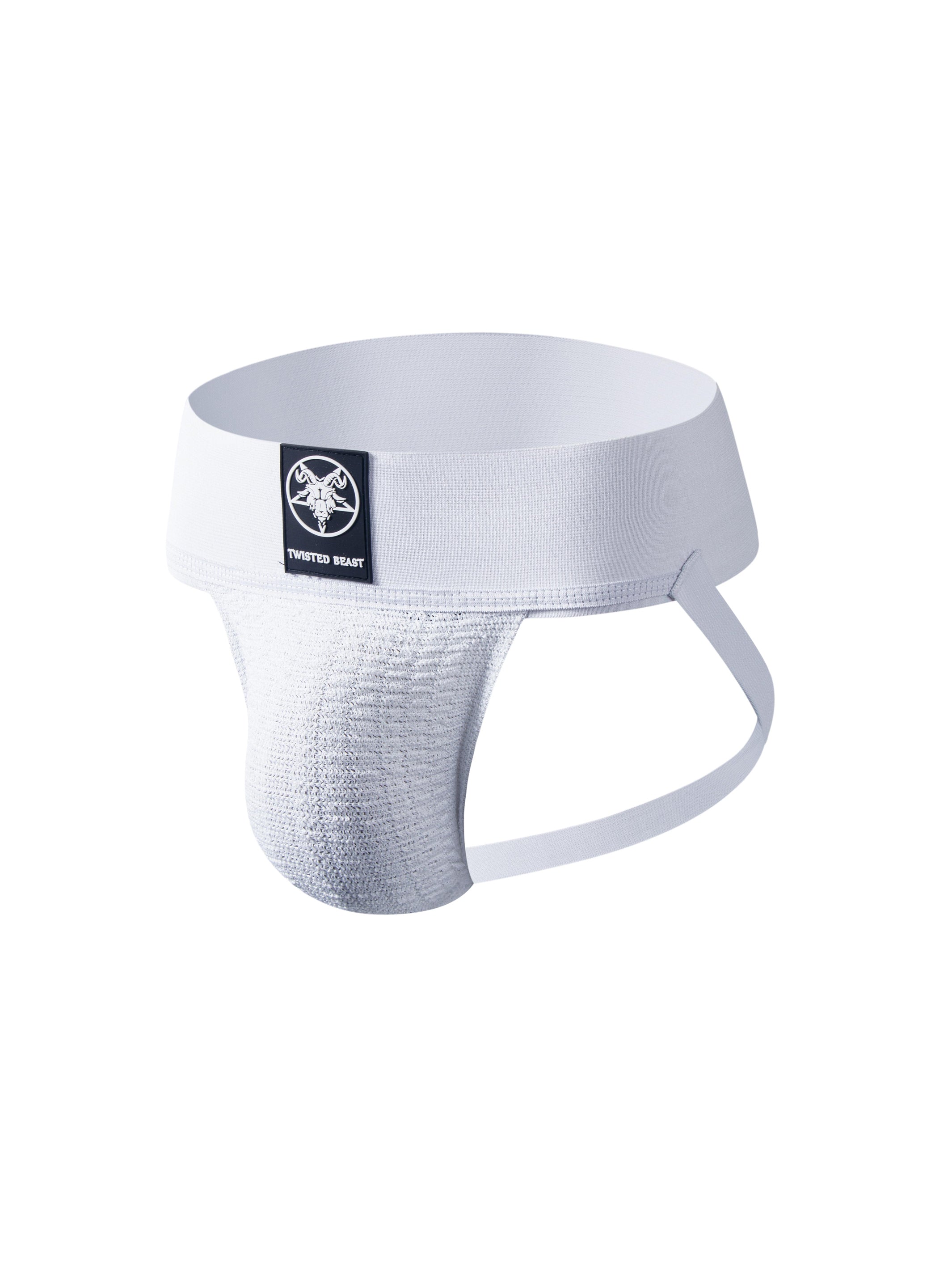 A product photo of a white mesh Locker Jock from the side.