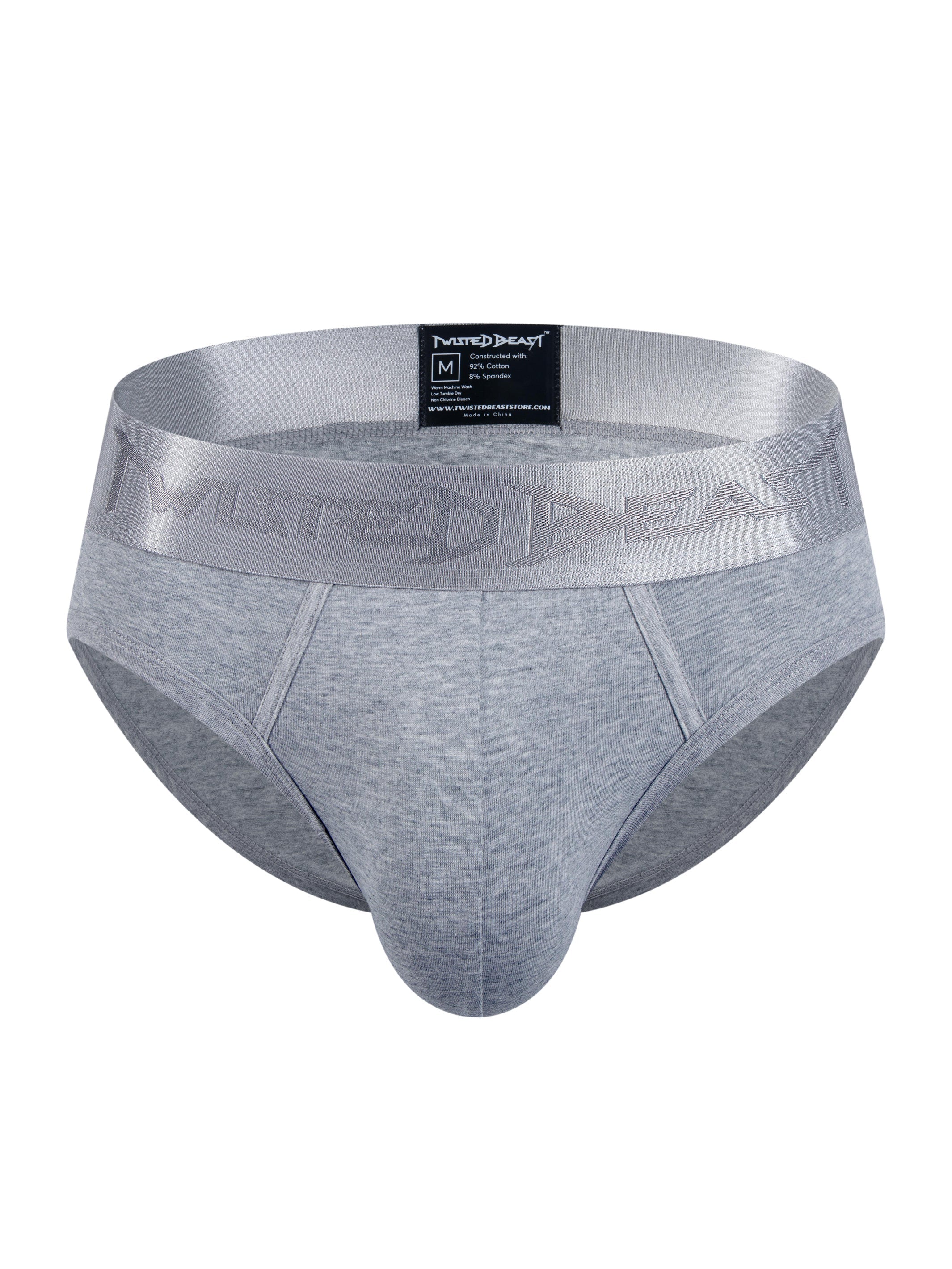 A front facing photo of a pair of Phantom Briefs in grey, by Twisted Beast.
