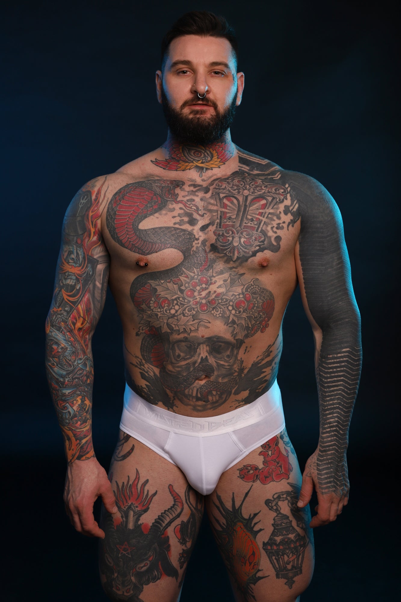A photo taken from the front of a model wearing white Phantom Briefs.