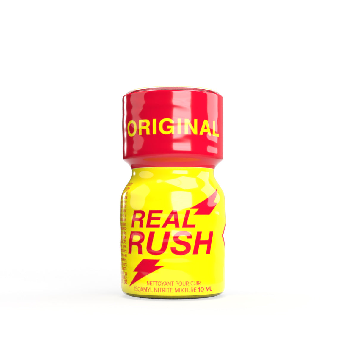 A front facing product photo of a bottle of Real Rush Poppers.