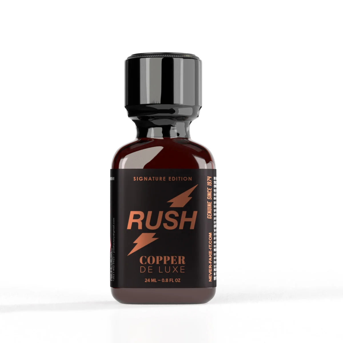 A product photo of a bottle of Rush Copper Deluxe Poppers.