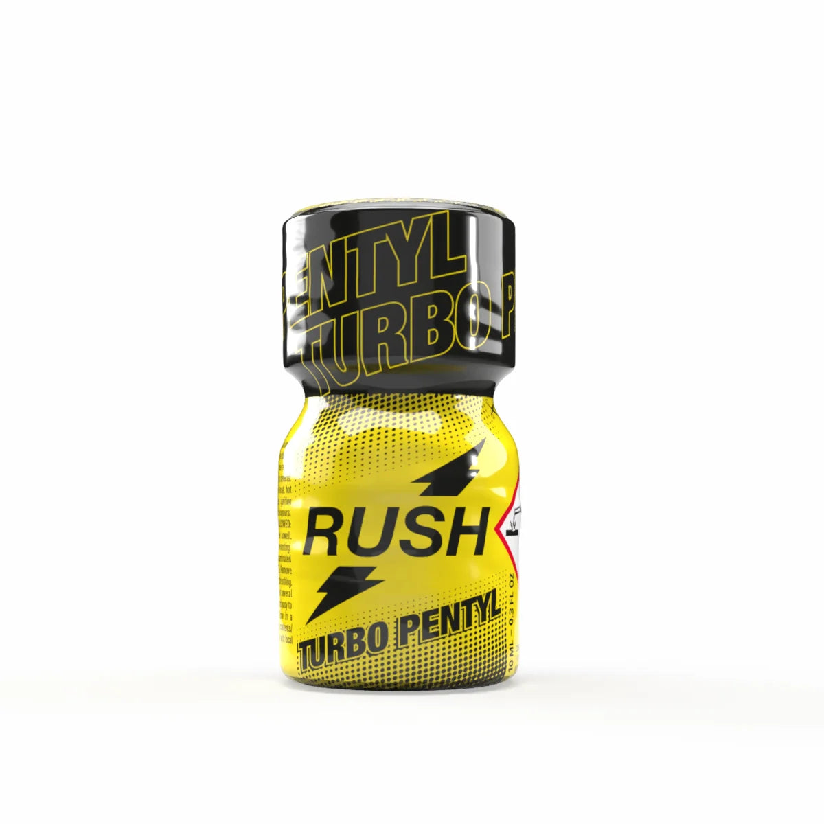 A product photo of a 10ml bottle of Rush Turbo Pentyl Poppers.