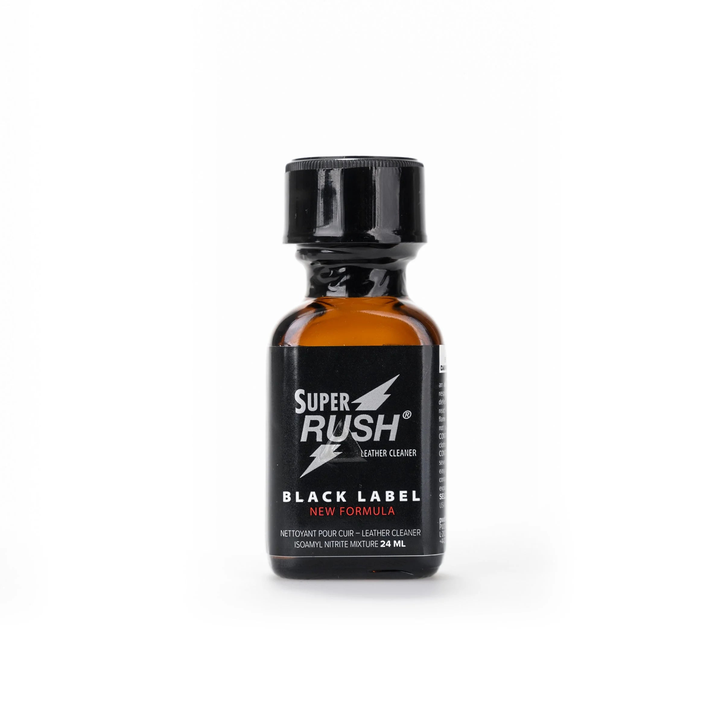 A photo of a 24ml bottle of Super Rush Black poppers.