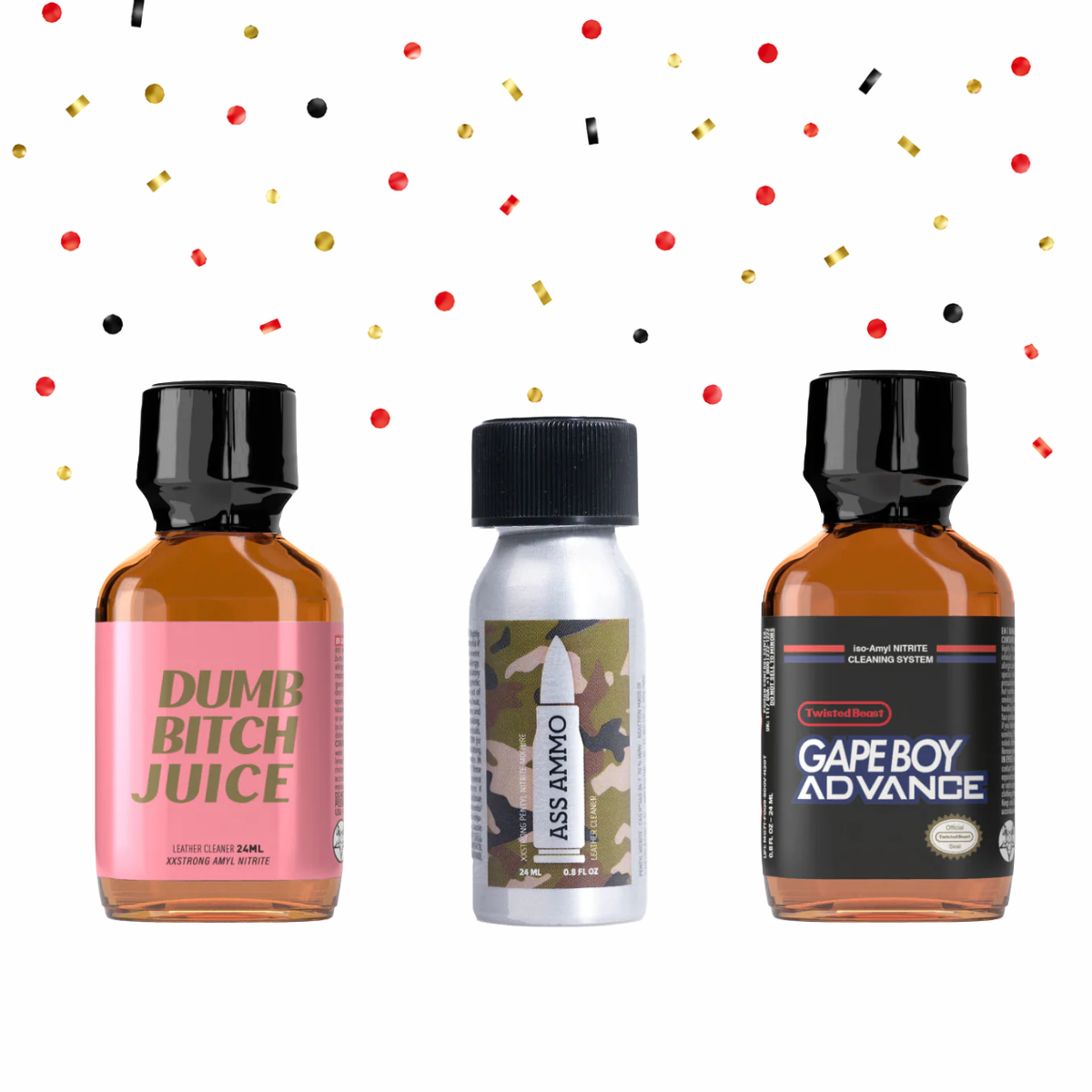 Product photo of a birthday variety pack containing Dumb Bitch Juice, Ass Ammo and Gape Boy Advance poppers.