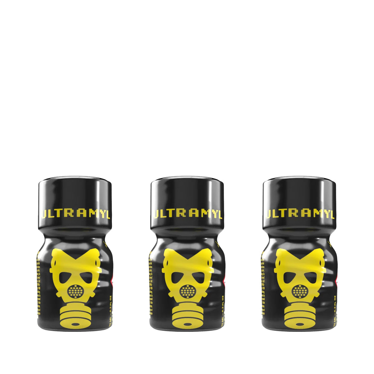 A product photo of three Ultramyl Poppers in 10ml.