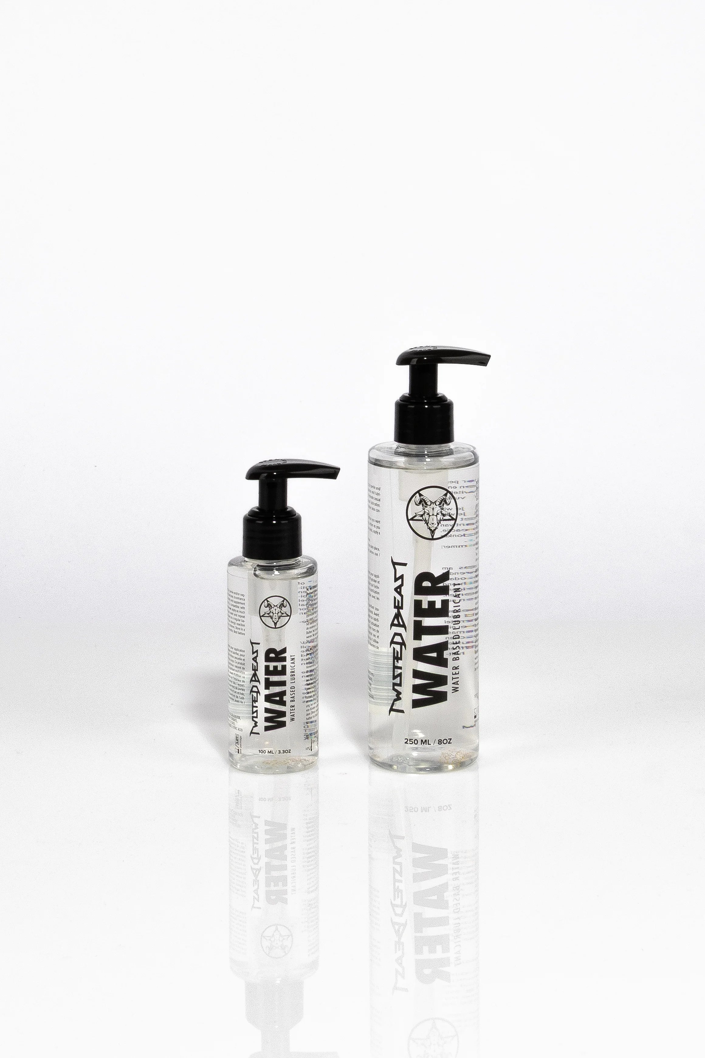 A product photo showing two bottles of water-based lube in different sizes.
