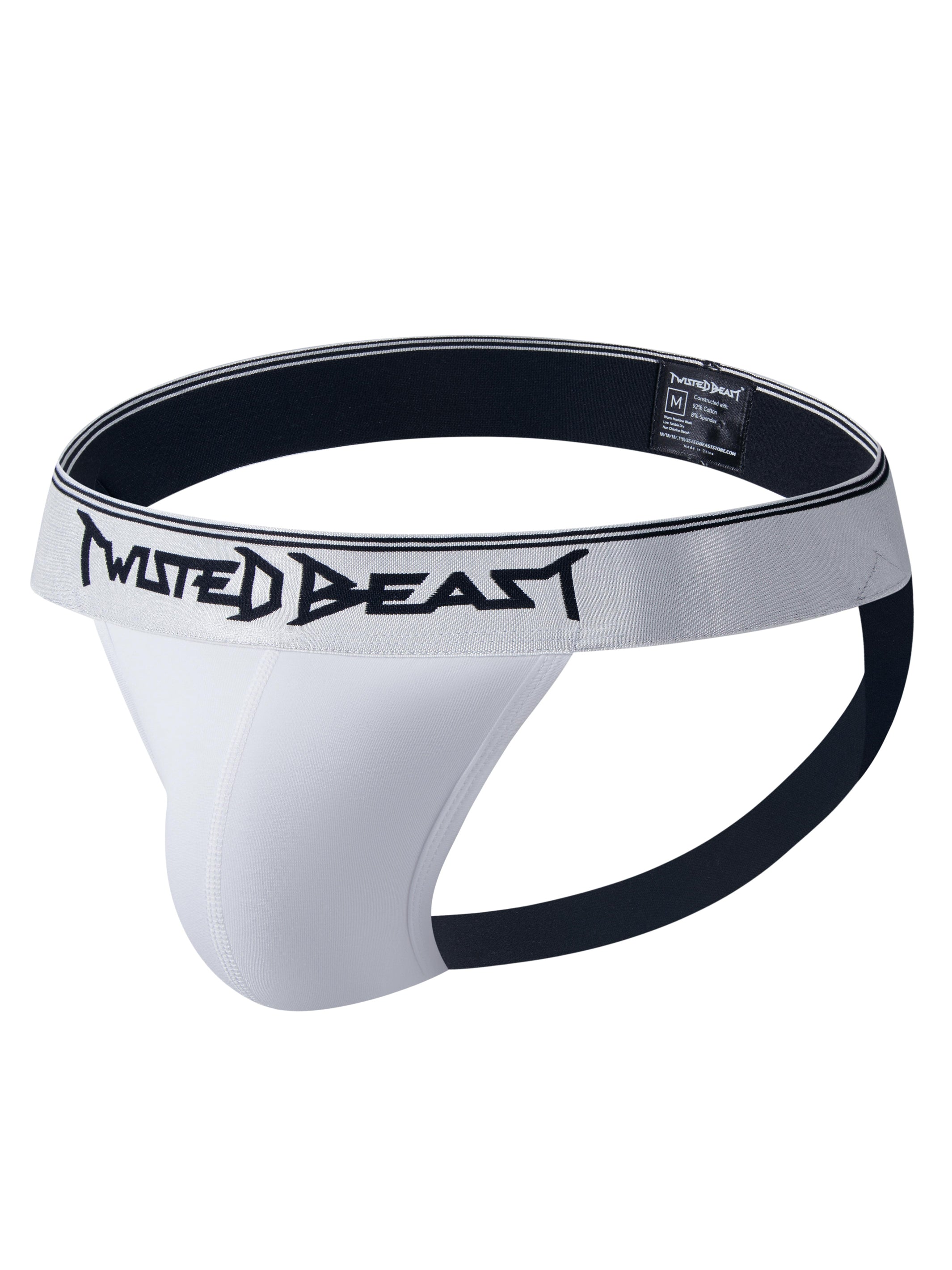 A product photo with a Y2K Jock in white with the Twisted Beast logo on the front.